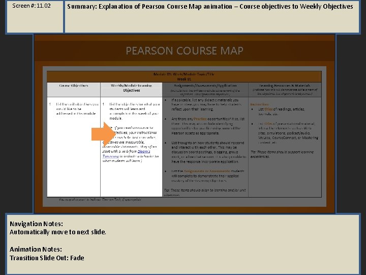 Screen #: 11. 02 Summary: Explanation of Pearson Course Map animation – Course objectives