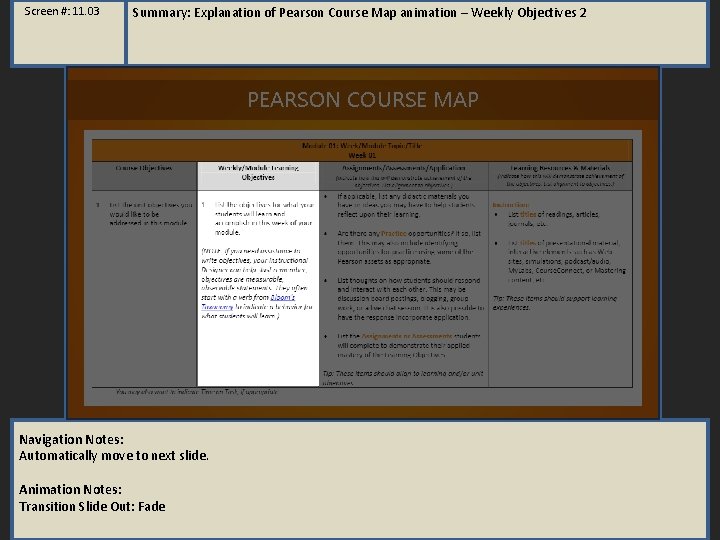 Screen #: 11. 03 Summary: Explanation of Pearson Course Map animation – Weekly Objectives