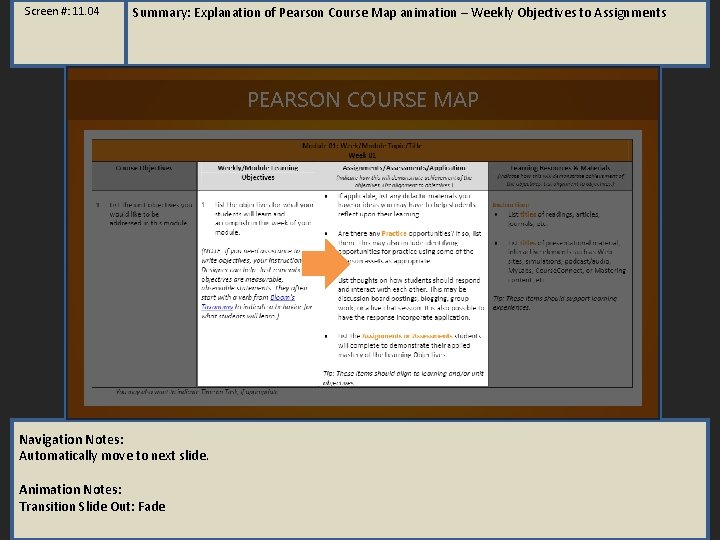 Screen #: 11. 04 Summary: Explanation of Pearson Course Map animation – Weekly Objectives