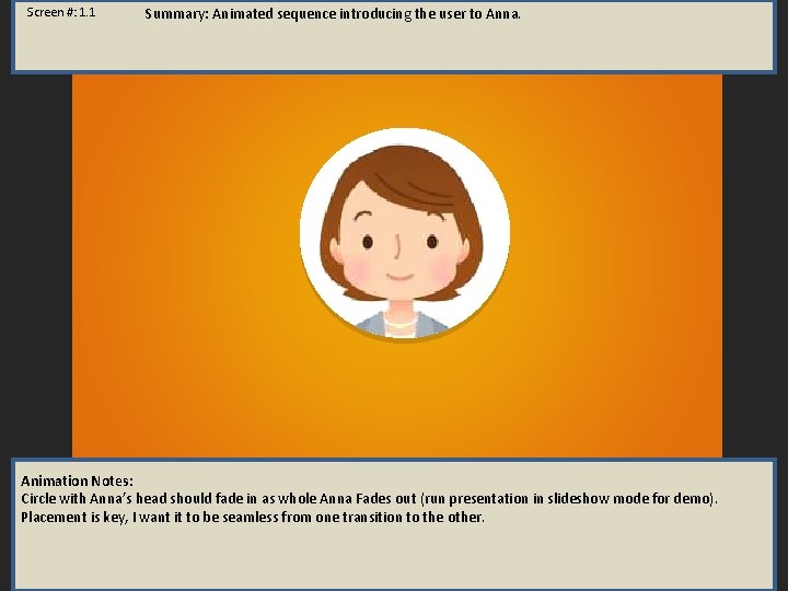 Screen #: 1. 1 Summary: Animated sequence introducing the user to Anna. Animation Notes: