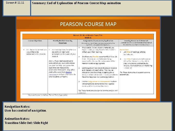 Screen #: 11. 11 Summary: End of Explanation of Pearson Course Map animation PEARSON