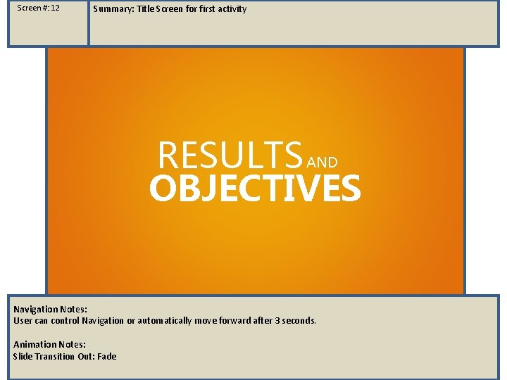 Screen #: 12 Summary: Title Screen for first activity RESULTS OBJECTIVES AND Navigation Notes: