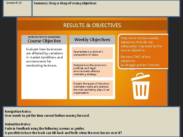 Screen #: 14 Summary: Drag-n-Drop of wrong objectives RESULTS & OBJECTIVES INTRODUCTION TO MARKETING