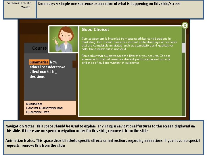 Screen #: 1. 1 -etc. 2 a-etc. Summary: A simple one sentence explanation of Screen #: 1. 1 -etc. 2 a-etc. Summary: A simple one sentence explanation of