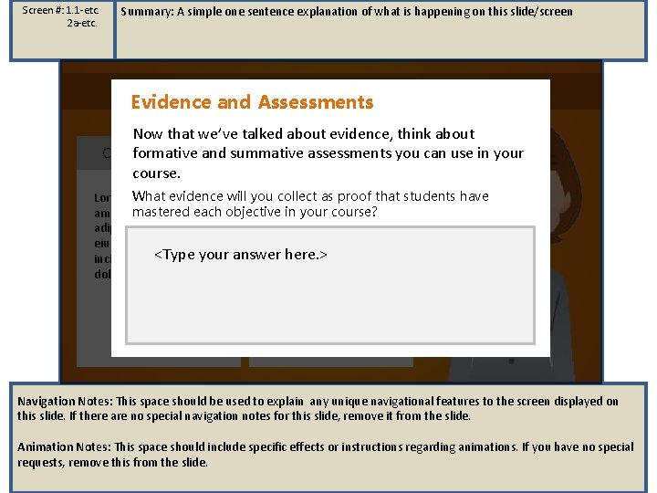 Screen #: 1. 1 -etc. 2 a-etc. Summary: A simple one sentence explanation of Screen #: 1. 1 -etc. 2 a-etc. Summary: A simple one sentence explanation of