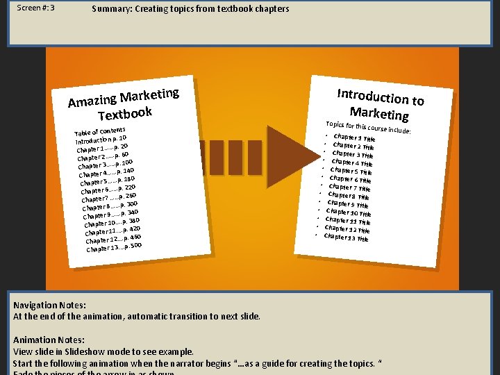 Screen #: 3 Summary: Creating topics from textbook chapters keting r a M g