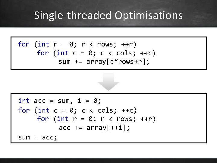 Single-threaded Optimisations for (int r = 0; r < rows; ++r) for (int c