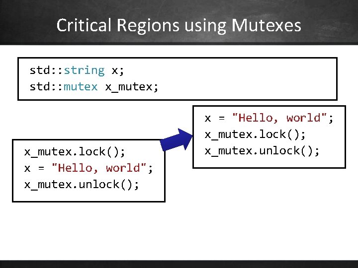 Critical Regions using Mutexes std: : string x; std: : mutex x_mutex; x_mutex. lock();