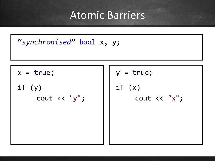 Atomic Barriers “synchronised” bool x, y; x = true; y = true; if (y)