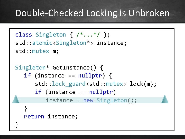 Double-Checked Locking is Unbroken class Singleton { /*. . . */ }; std: :
