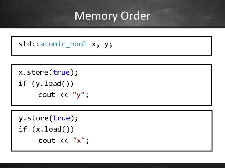 Memory Order std: : atomic_bool x, y; x. store(true); if (y. load()) cout <<