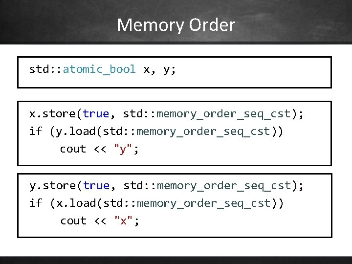 Memory Order std: : atomic_bool x, y; x. store(true, std: : memory_order_seq_cst); if (y.