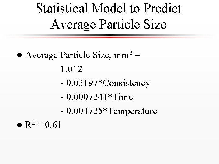 Statistical Model to Predict Average Particle Size, mm 2 = 1. 012 - 0.