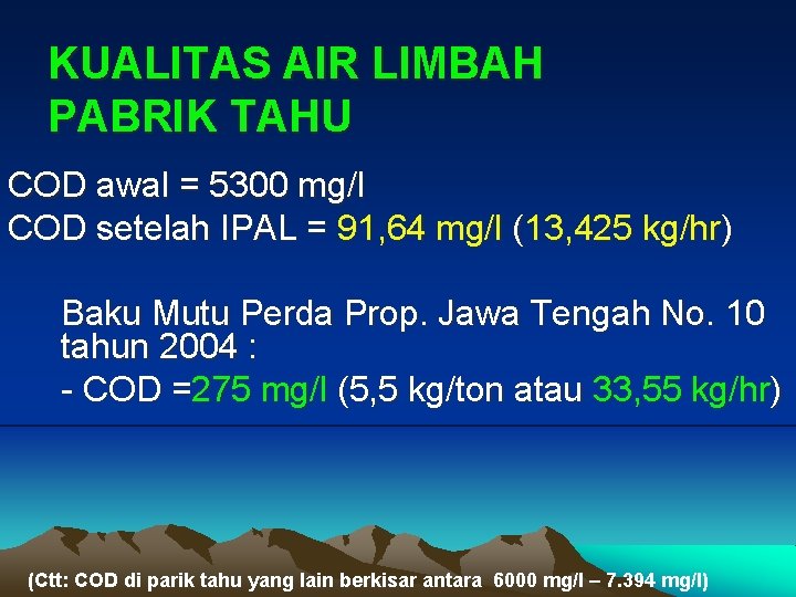 KUALITAS AIR LIMBAH PABRIK TAHU COD awal = 5300 mg/l COD setelah IPAL =