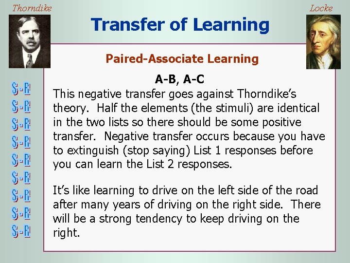 Thorndike Locke Transfer of Learning Paired-Associate Learning A-B, A-C This negative transfer goes against