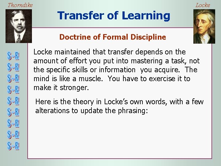 Thorndike Locke Transfer of Learning Doctrine of Formal Discipline Locke maintained that transfer depends
