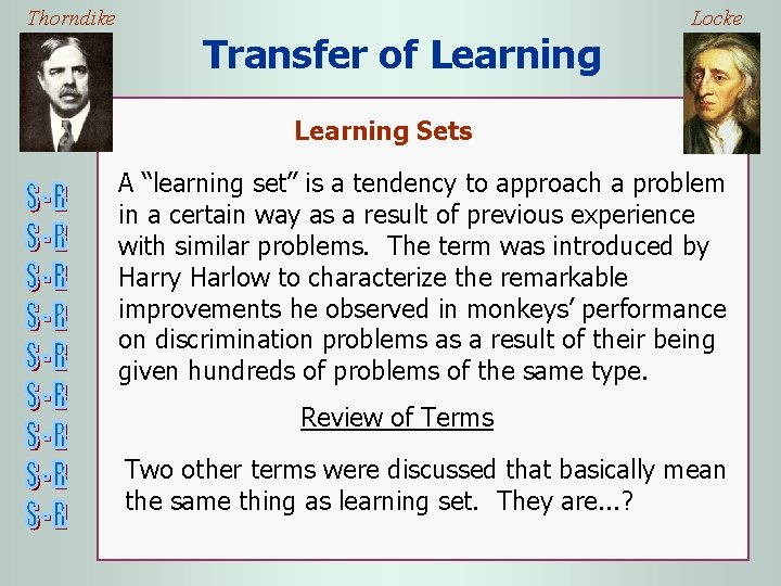 Thorndike Locke Transfer of Learning Sets A “learning set” is a tendency to approach