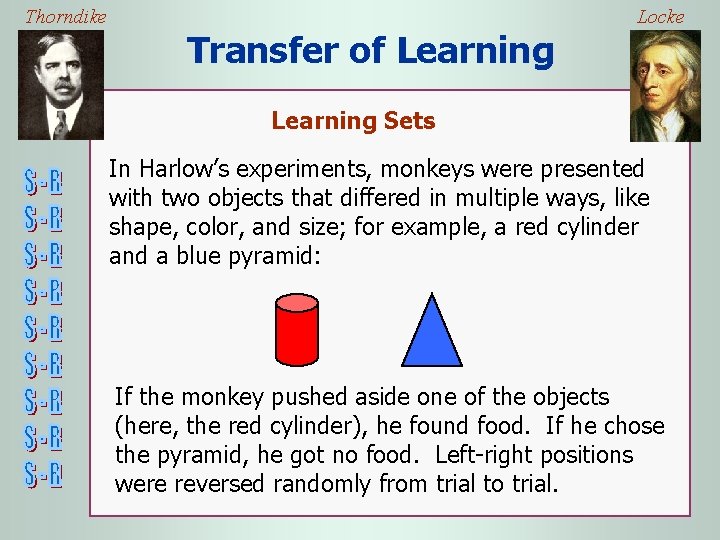 Thorndike Locke Transfer of Learning Sets In Harlow’s experiments, monkeys were presented with two