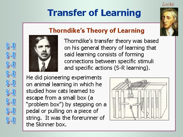 Locke Transfer of Learning Thorndike’s Theory of Learning Thorndike’s transfer theory was based on