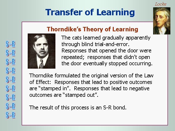 Locke Transfer of Learning Thorndike’s Theory of Learning The cats learned gradually apparently through