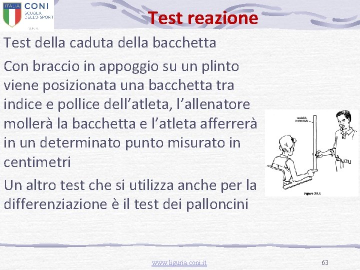 Test reazione Test della caduta della bacchetta Con braccio in appoggio su un plinto