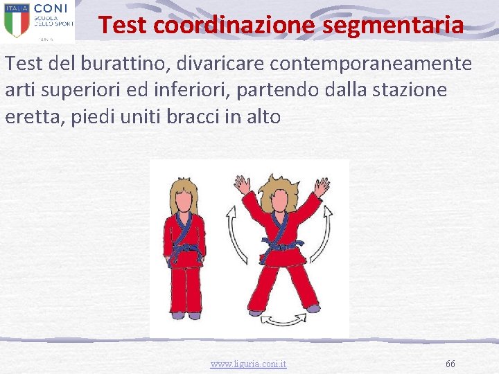 Test coordinazione segmentaria Test del burattino, divaricare contemporaneamente arti superiori ed inferiori, partendo dalla