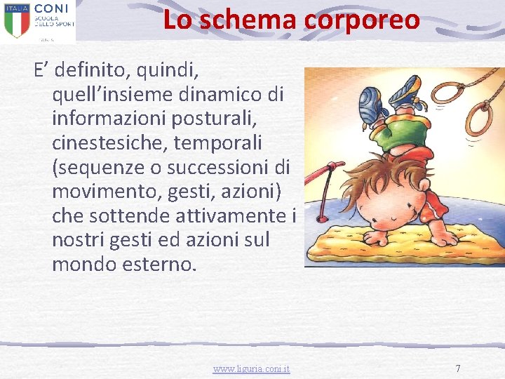 Lo schema corporeo E’ definito, quindi, quell’insieme dinamico di informazioni posturali, cinestesiche, temporali (sequenze