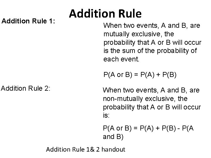 Addition Rule 1: Addition Rule When two events, A and B, are mutually exclusive,