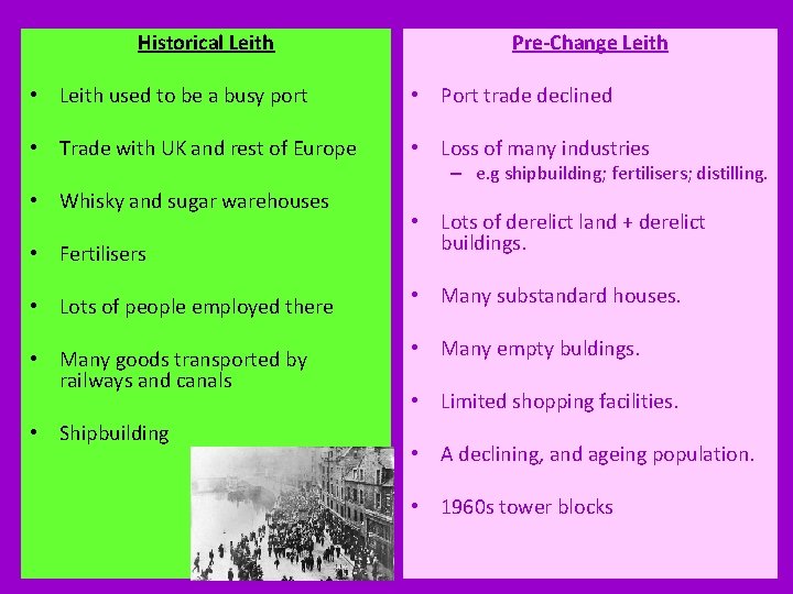 Historical Leith Pre-Change Leith • Leith used to be a busy port • Port