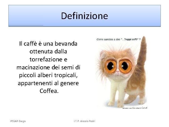 Definizione Il caffè è una bevanda ottenuta dalla torrefazione e macinazione dei semi di