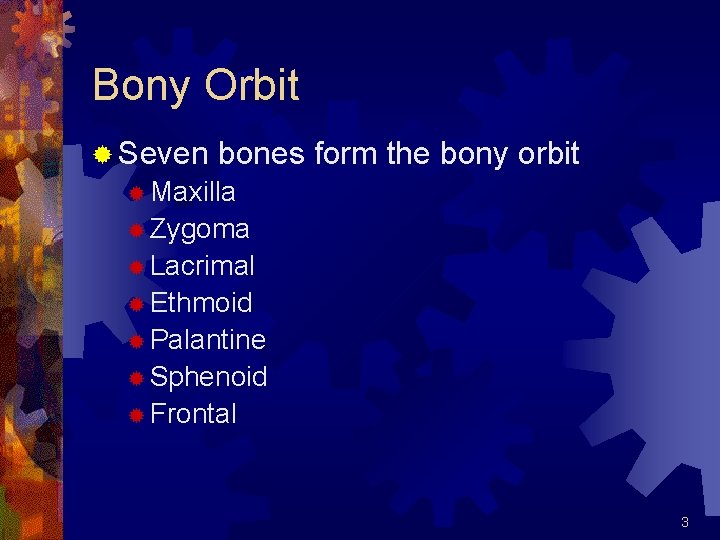 Bony Orbit ® Seven bones form the bony orbit ® Maxilla ® Zygoma ®