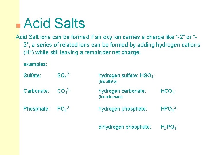 n Acid Salts Acid Salt ions can be formed if an oxy ion carries