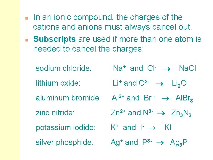 n n In an ionic compound, the charges of the cations and anions must