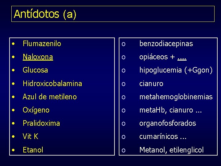 Antídotos (a) • Flumazenilo o benzodiacepinas • Naloxona o opiáceos +. . • Glucosa