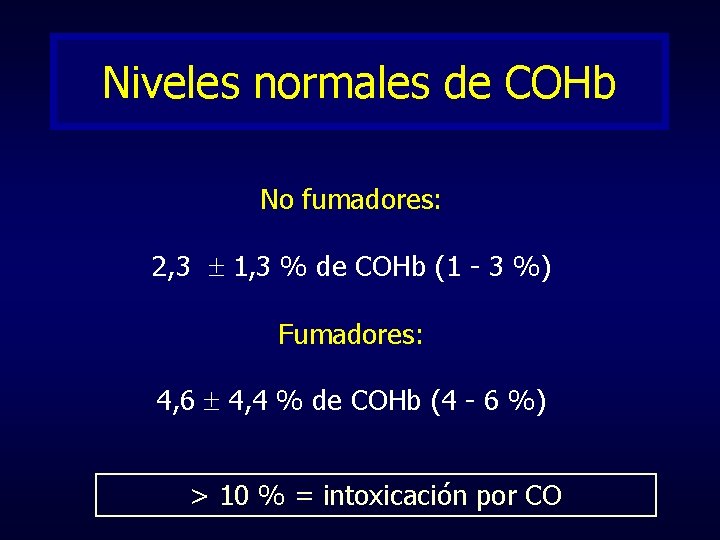 Niveles normales de COHb No fumadores: 2, 3 1, 3 % de COHb (1