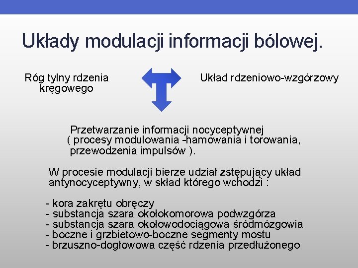 Układy modulacji informacji bólowej. Róg tylny rdzenia Układ rdzeniowo-wzgórzowy kręgowego Przetwarzanie informacji nocyceptywnej (