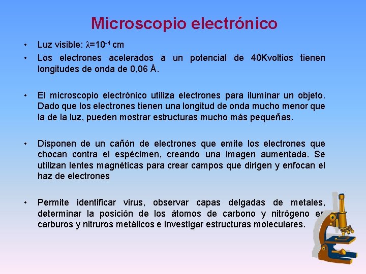 Microscopio electrónico • • Luz visible: λ=10 -4 cm Los electrones acelerados a un