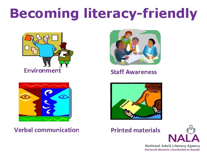 Becoming literacy-friendly Environment Verbal communication Staff Awareness Printed materials 