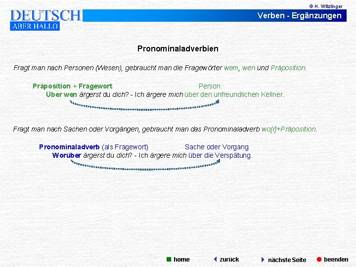 © H. Witzlinger Verben - Ergänzungen Pronominaladverbien Fragt man nach Personen (Wesen), gebraucht man