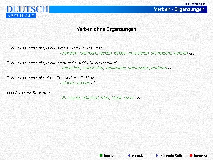 © H. Witzlinger Verben - Ergänzungen Verben ohne Ergänzungen Das Verb beschreibt, dass das