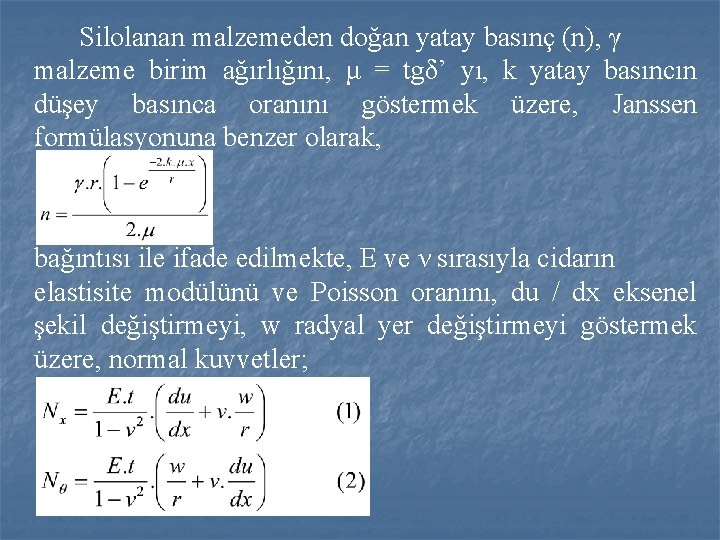 Silolanan malzemeden doğan yatay basınç (n), γ malzeme birim ağırlığını, μ = tgδ’ yı,