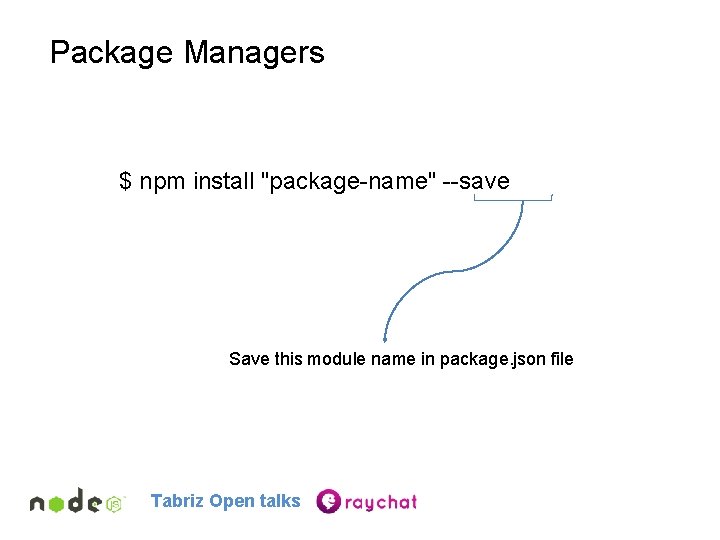Package Managers $ npm install "package-name" --save Save this module name in package. json