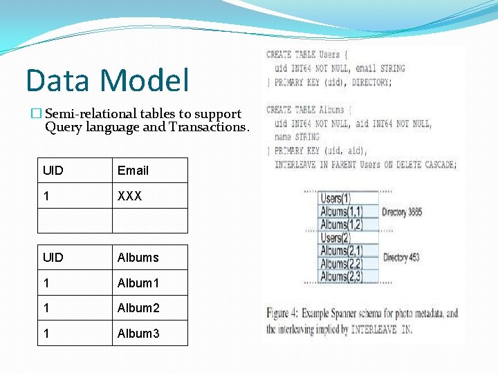 Data Model � Semi-relational tables to support Query language and Transactions. UID Email 1