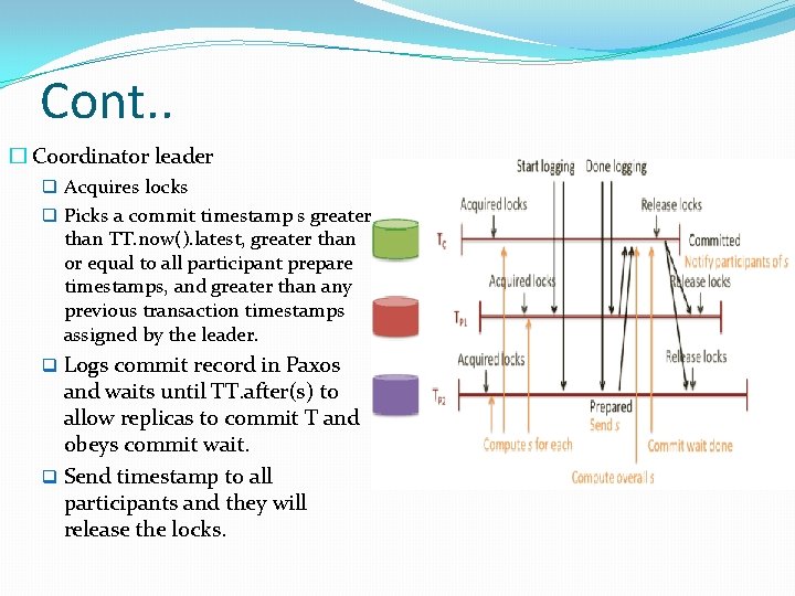 Cont. . � Coordinator leader q Acquires locks q Picks a commit timestamp s