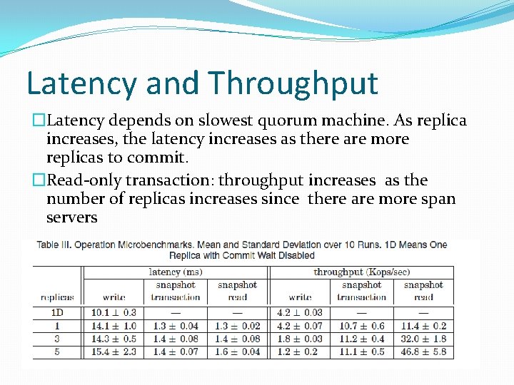 Latency and Throughput �Latency depends on slowest quorum machine. As replica increases, the latency