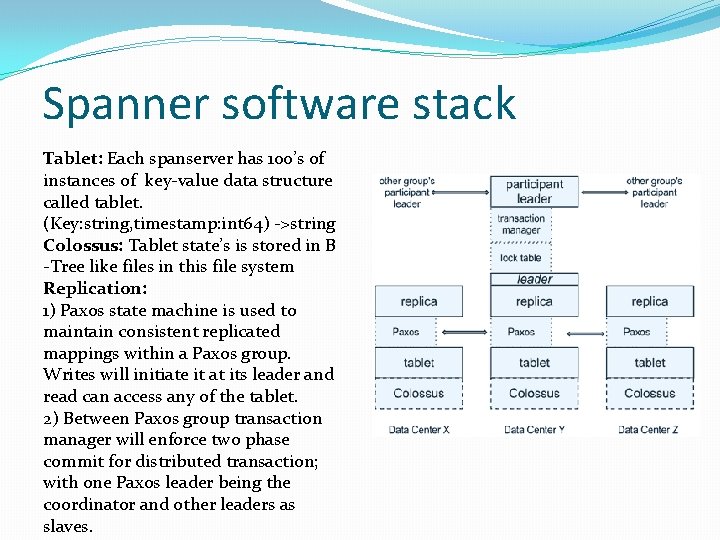 Spanner software stack Tablet: Each spanserver has 100’s of instances of key-value data structure Spanner software stack Tablet: Each spanserver has 100’s of instances of key-value data structure