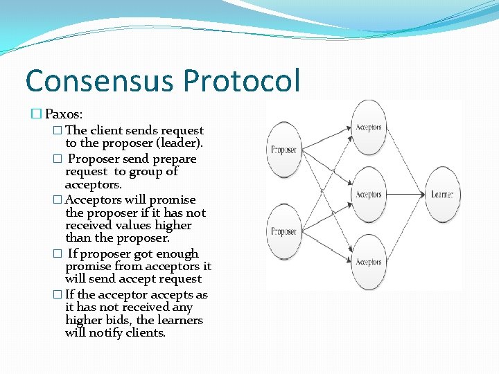 Consensus Protocol � Paxos: � The client sends request to the proposer (leader). �