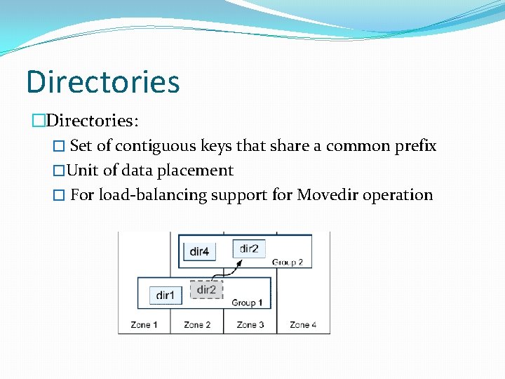 Directories �Directories: � Set of contiguous keys that share a common prefix �Unit of