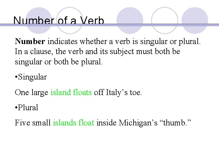 Number of a Verb Number indicates whether a verb is singular or plural. In