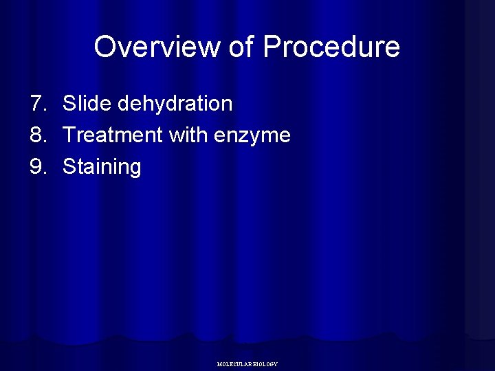 Overview of Procedure 7. Slide dehydration 8. Treatment with enzyme 9. Staining MOLECULAR BIOLOGY